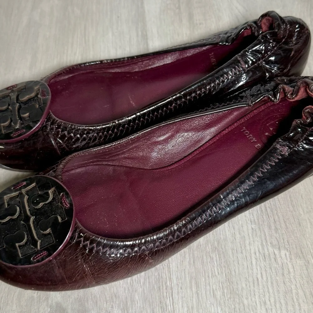 Tory Burch Womens Brown Patent Leather Snake Embossed Ballet Flats Shoes sz 5